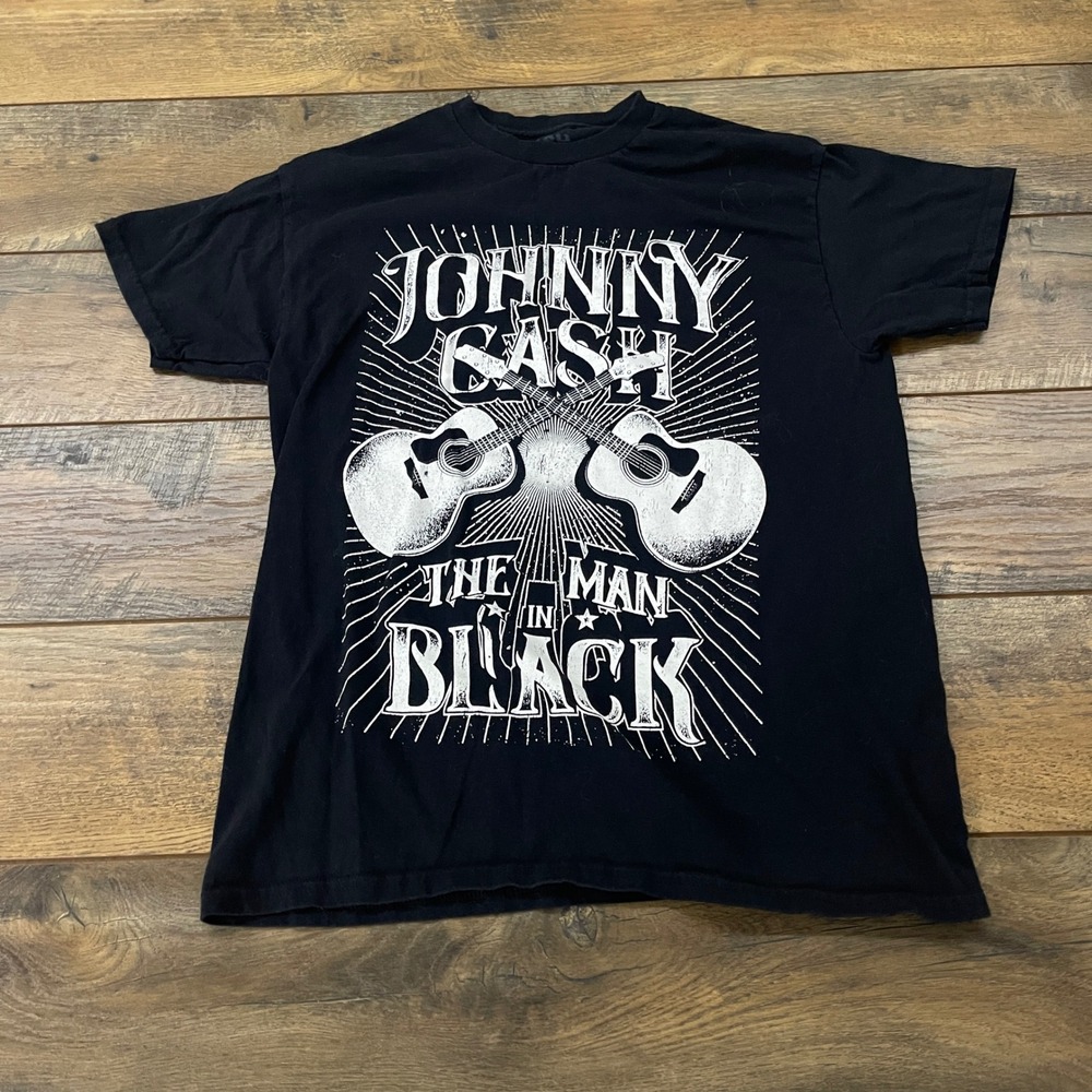 Johnny Cash The Man In Black Graphic T-Shirt Black Mens Medium Acoustic Guitars
